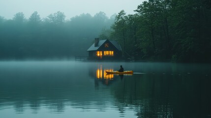 Fototapeta premium A man kayaking in still lake water with forest and lake house