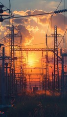 Stunning sunset over an electrical substation with towering power lines and golden light effects
