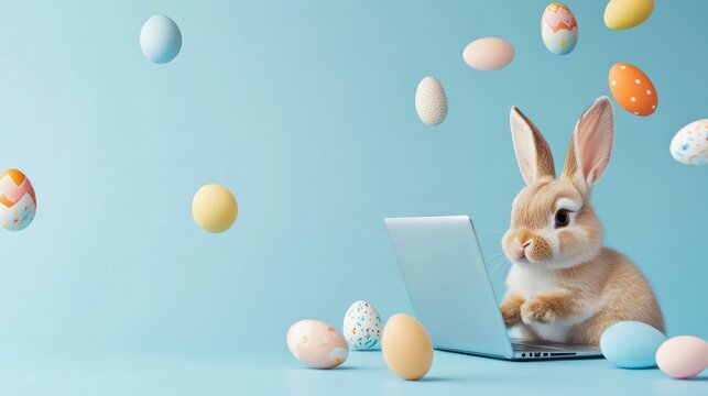 Easter Bunny on Laptop with Eggs
