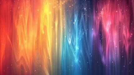 Vibrant gradient background with flowing shades of red, orange, yellow, green, blue, and purple, resembling a cosmic aurora with sparkling star-like details and glow