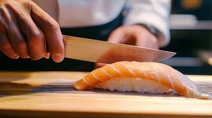 A sushi chef slicing a perfectly cooked piece of fish with a sharp knife