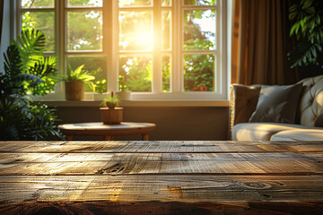 A blank wooden table sits against a blurred home interior with a window, providing a versatile backdrop for product displays or montages 