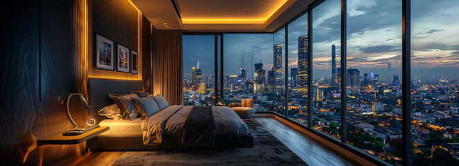 Skyline Retreat: Luxurious Condo with Stunning City Views in a Modern 5-Star Hotel Bedroom