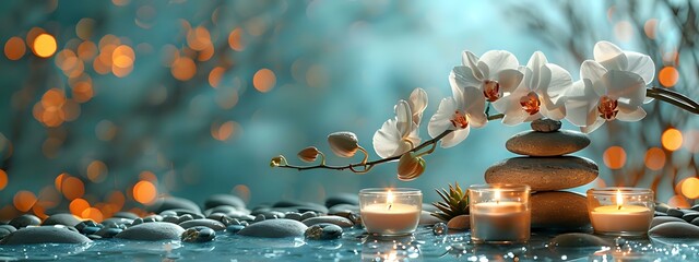 Beautiful zen stones pyramid with cherry blossom on turquoise background with golden bokeh lights, spa and wellness panoramic scene for meditation.