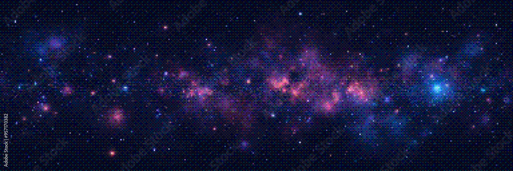 Wall mural seamless pixelated video game galaxy background. panoramic starry dark deep space location backgroun