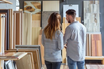 A couple examines various wooden panels in a showroom, suggesting choices, home improvement, and making decisions together.