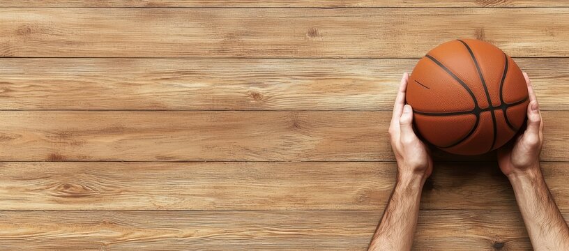 Hands grasping a basketball on a wooden floor, highlighting the moment of anticipation and strategy in a game setting