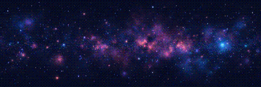Seamless pixelated video game galaxy background. Panoramic starry dark deep space location background in vintage pixel art style with dithering effect for 8-bit retro videogame. Vector illustration