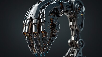 Fototapeta premium Futuristic robotic arm with intricate mechanical details on dark.