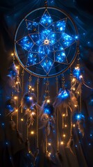 A glowing dreamcatcher adorned with blue and golden lights, creating a mystical and serene ambiance. Perfect for themes of spirituality, dreams, and interior decoration.