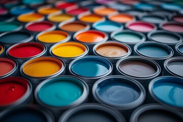 Fototapeta premium A vibrant assortment of open paint cans showcasing a wide range of colors, symbolizing creativity, art, and design. Perfect for themes related to painting, interior design, and artistic projects.