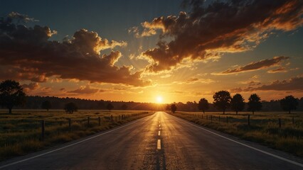 Obraz premium Open road at sunset with trees and fields on either side