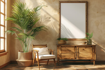 stylish living room features a retro wooden commode, chair, tropical plant in a rattan pot, basket,...