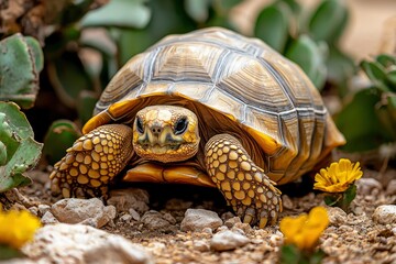 Naklejka premium Yellow-Footed Tortoise Walking on Gravel with Yellow Flowers