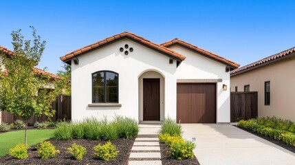 Fototapeta premium Elegant, single-story houses with clean landscaping under a clear blue sky, highlighting the appeal of modern suburban developments
