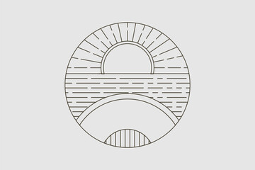 A vintage-style logo with line art of mountains, waves, sun, and moon. This design celebrates the natural world's eternal dance, showcasing earth, water, and sky in elegant simplicity
