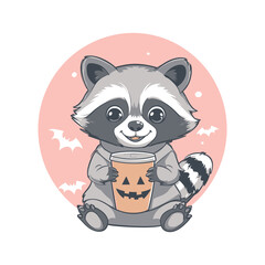 A cute, vector, cartoon-style raccoon is sitting and holding a pumpkin-shaped cup.
