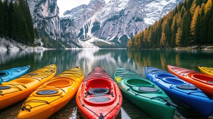Fototapeta premium Kayak boat in still quiet lake water with snow mountain forest