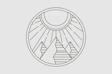 A vintage-inspired logo with a line art outline of mountains, waves, sun, and moon, symbolizing the eternal cycle of nature's core elements