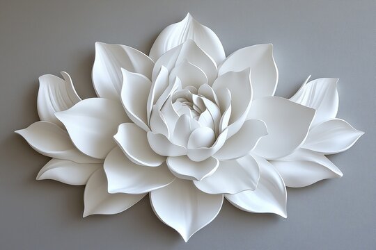 A large, stylized white flower with layered petals displayed against a gray background - Powered by Adobe