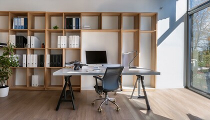 Modern office interior with desk, computer, and bookshelves, minimalist design