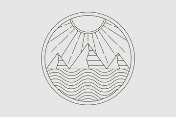 A vintage-style outline design with mountains, waves, sun, and moon, capturing the serenity and harmony of earth, water, and sky in a simple composition