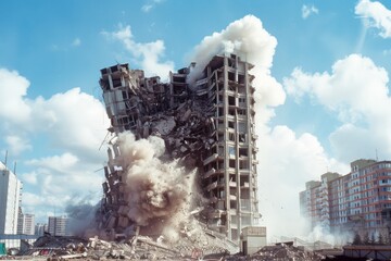 A high-rise building comes crashing down amid clouds of smoke and debris, showcasing a powerful urban demolition scene.