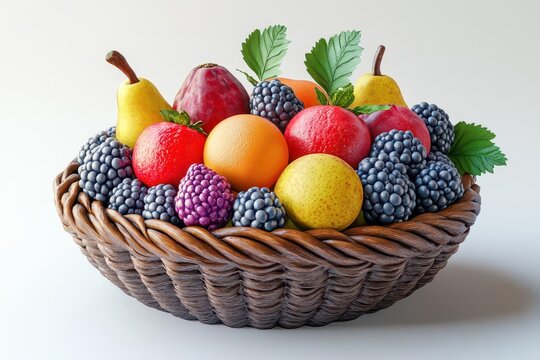 A vibrant assortment of fresh fruits in a woven basket, showcasing colorful apples, pears, berries, and citrus fruits. - Powered by Adobe