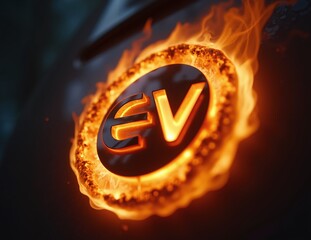 EV battery on fire and burning, electric vehicle logo lithium ion. hard to extinguish a fire on a car battery. lithium-ion battery with ev car logo and fire on the back burn. 3d rendering.	