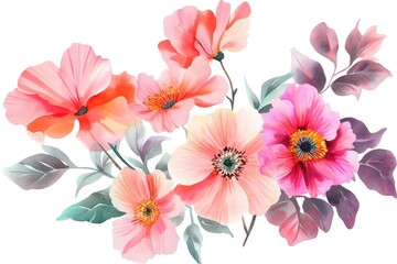 A vibrant arrangement of watercolor flowers in soft shades of pink and coral, complemented by lush green leaves, elegantly set against a white backdrop