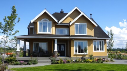 Obraz premium This stunning yellow house model for sale features a spacious front porch, large windows, and a well-kept garden, set in a sunny location surrounded by greenery