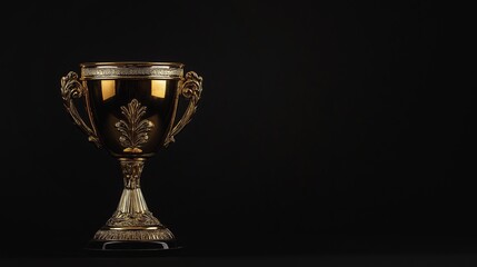 A stunning golden trophy featuring intricate designs and details, isolated on a sleek black background for perfect display.