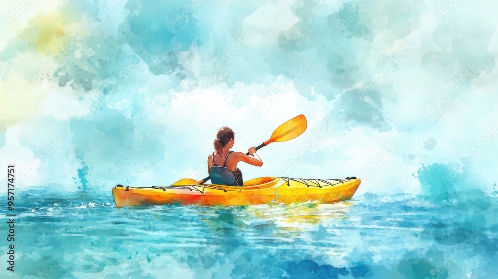 Wall mural Watercolor painting of a female kayaking in water