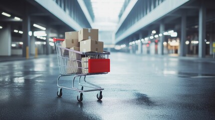 A shopping cart filled with various cardboard boxes placed in a spacious parking garage with a shiny reflective floor.