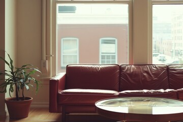 Cozy living room with a soft leather couch, indoor plant, and large windows letting in natural light.