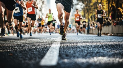 Fototapeta premium A group of enthusiastic runners competing fiercely in a thrilling marathon race on a bustling city street toward the finish line