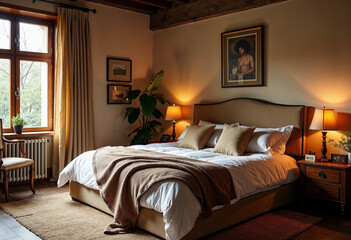 Cozy bedroom interior, hotel room interior