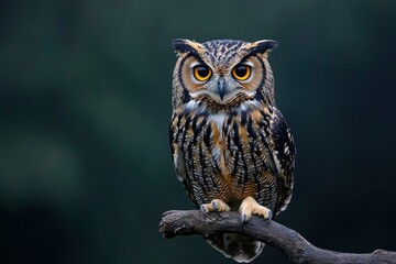 A Close-Up Portrait of a Brown and Black Owl Perched on a Branch