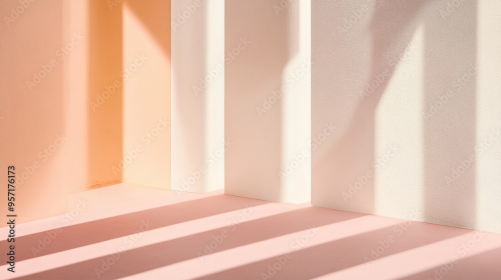 Poster soft pastel peach surface with natural light beams in a minimalist style - elegant and serene mornin