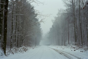 A tranquil, snow-covered forest path, lined with tall, bare trees, stretches into the misty distance.