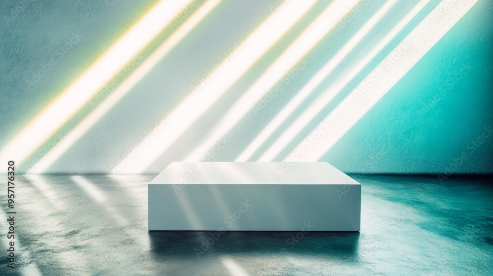 Poster futuristic graph on smooth white surface with neon light beams, dynamic vivid shadows, and modern ci