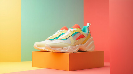Close-up photo of multi-colored retro style sports sneakers on a neutral background. Vintage retro style from the 80s-90s.