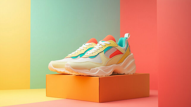 Close-up photo of multi-colored retro style sports sneakers on a neutral background. Vintage retro style from the 80s-90s.