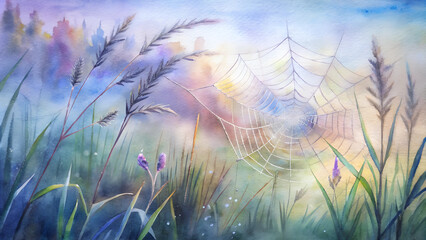 Misty meadow with a spider web and soft grasses in watercolor style