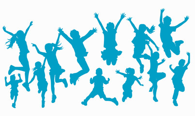 Flat vector  silhouettes of kids preschool jumping for joy and playing