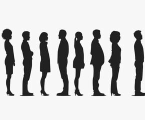 Silhouette view of diverse businessmen and businesswomen people with different body types standing in line. Vector