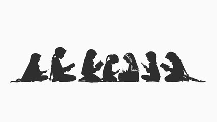 Black and white vector simple silhouette graphic of islamic kids reading profile view isolated on a white background