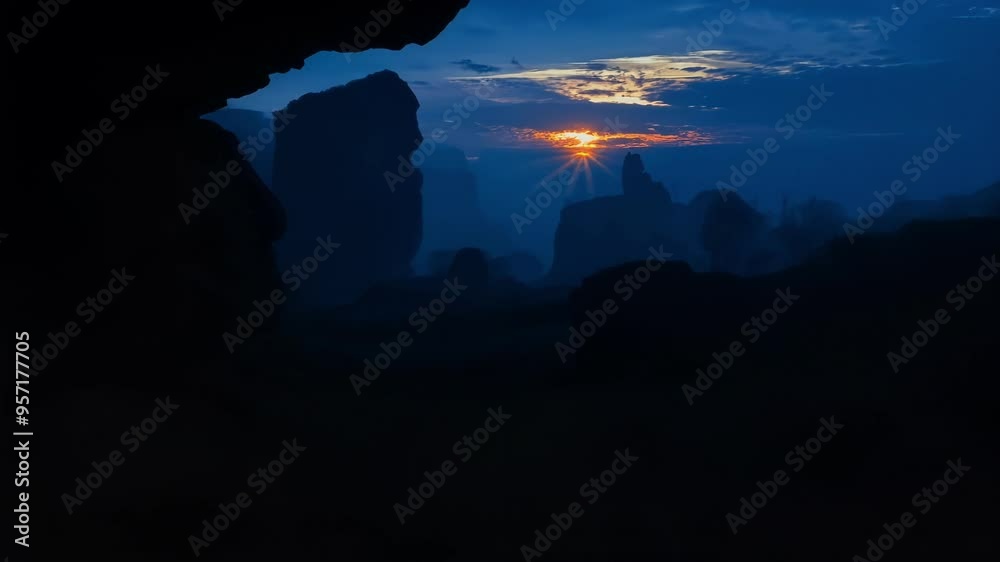 Aufkleber sunlight shines through a dark cave onto a mysterious landscape enveloped in fog, with mountains and