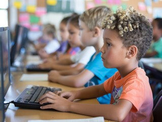 Diverse Elementary Students Engaged in Learning Activities in Vibrant Classroom Setting During Daytime