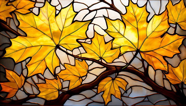 Stained glass depicting autumn yellow maple leaves on branches; flat lay